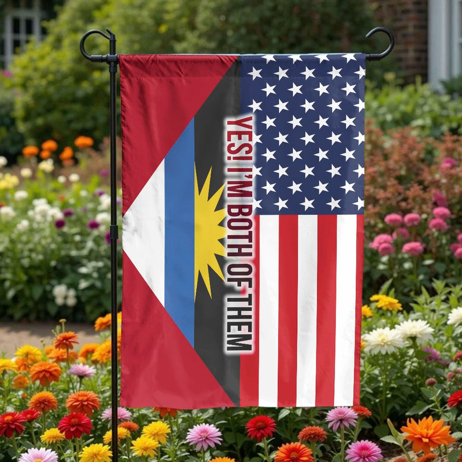 Antiguan American Garden Flag | Split USA & Antigua Heritage Design | Double-Sided Weather-Resistant Fabric | Patriotic Yard Decor Gift for Dual Citizens