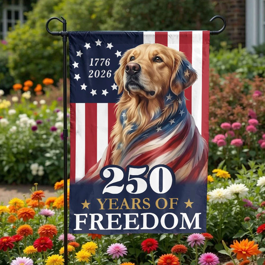 Patriotic Golden Retriever Garden Flag | 250 Years of Freedom 1776-2026 Design | Double-Sided Polyester | Commemorative Yard Decor for Dog Lovers