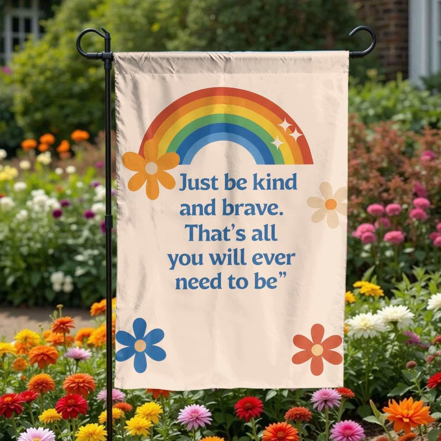 Kind and Brave Garden Flag | Retro Rainbow Inspirational Quote | Double Sided Weather-Resistant Polyester | Premium Outdoor Decor for Yard & Patio
