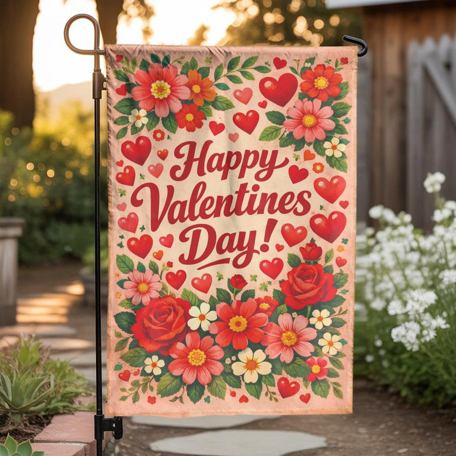 Happy Valentines Day Garden Flag | Double-Sided Vintage Floral Heart Design | Weather-Resistant Polyester | Seasonal Home and Garden Gift