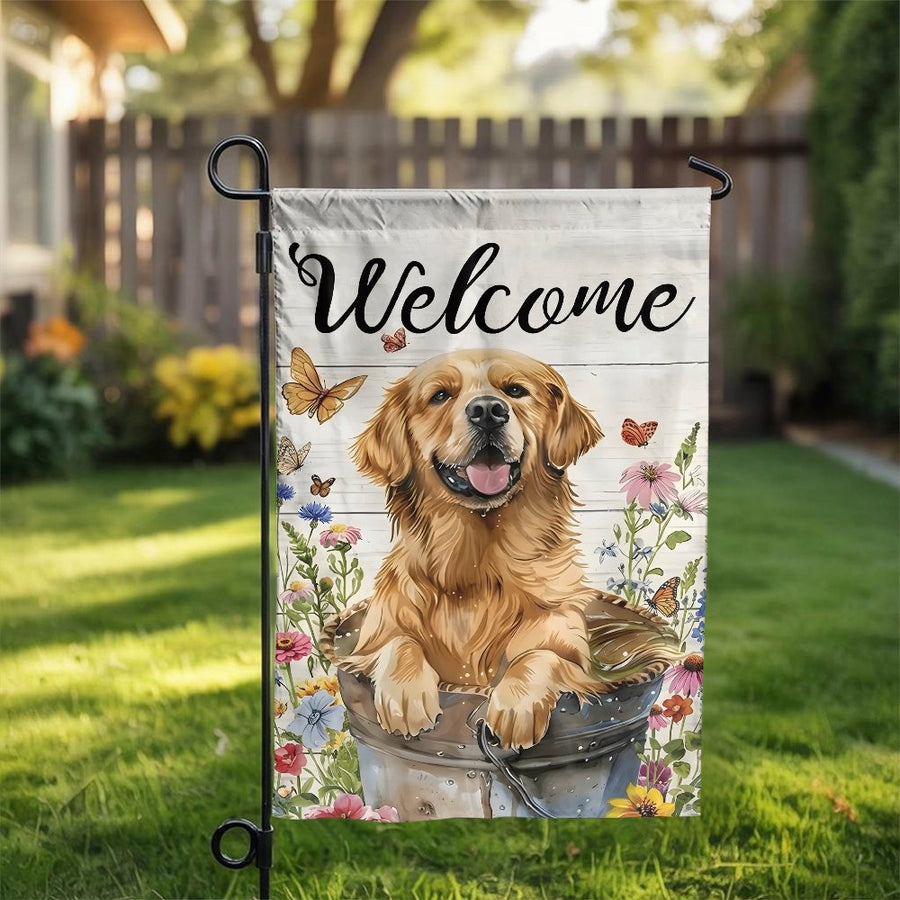 Golden Retriever Welcome Garden Flag | Rustic Floral Art with Butterflies | Double Sided Weather Resistant Fabric | Outdoor Yard Decor Gift for Dog Lovers