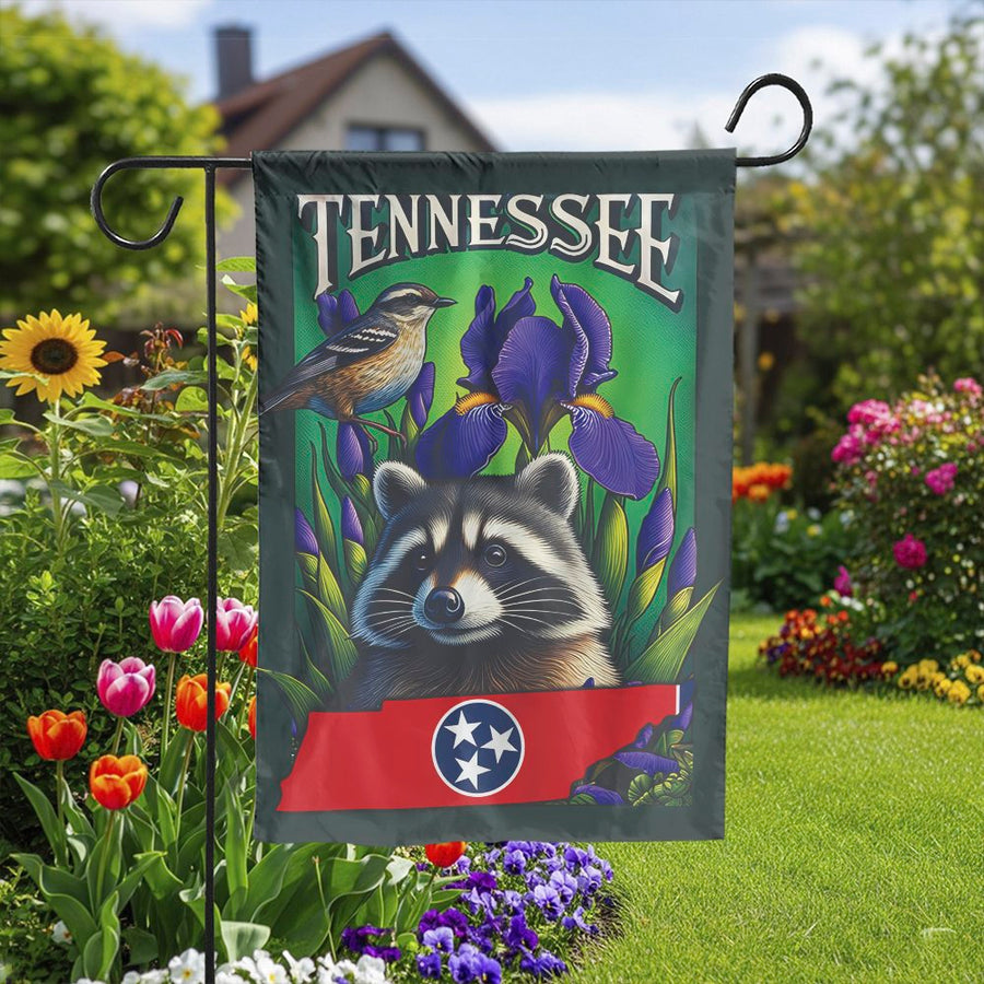 Tennessee Garden Flag | State Symbols with Raccoon & Iris | Double Sided Weather Resistant | Premium Outdoor Yard Decor Gift for Homeowners