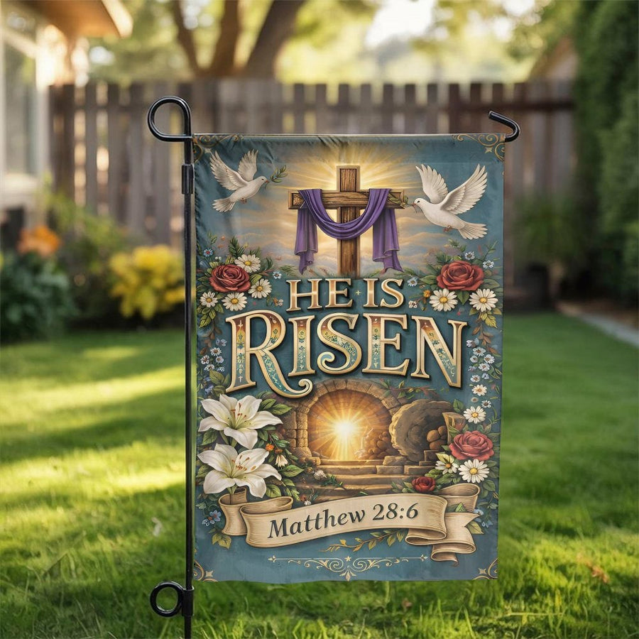 Christian Easter Garden Flag | He is Risen Empty Tomb Art with Bible Verse | Weather Resistant Double Sided Polyester | Religious Home Decor Gift