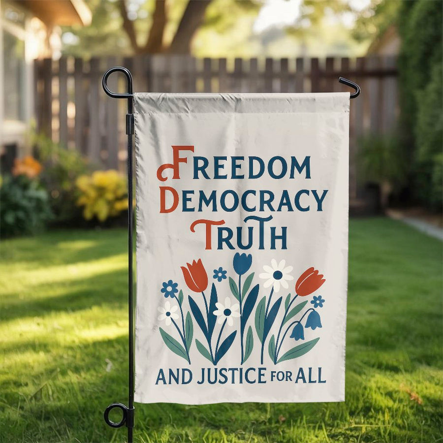 Freedom and Democracy Garden Flag | Retro Floral Justice Quote | Premium Weatherproof Polyester | Inspirational Yard Decor Gift