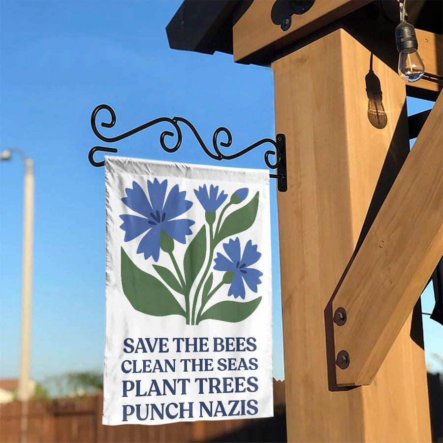 Save The Bees Garden Flag | Environmental Slogan & Floral Art | Double Sided Premium Polyester | Progressive Activist Gardener Gift