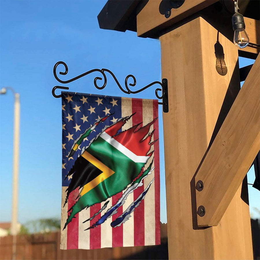 South African American Garden Flag | Dual Heritage Torn Flag Design | Double-Sided Weatherproof Polyester | Premium Gift for South African Immigrant