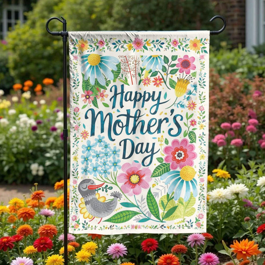 Happy Mother's Day Garden Flag | Colorful Floral Bird Design | Weather Resistant Outdoor Banner | Yard Decor Gift for Mom