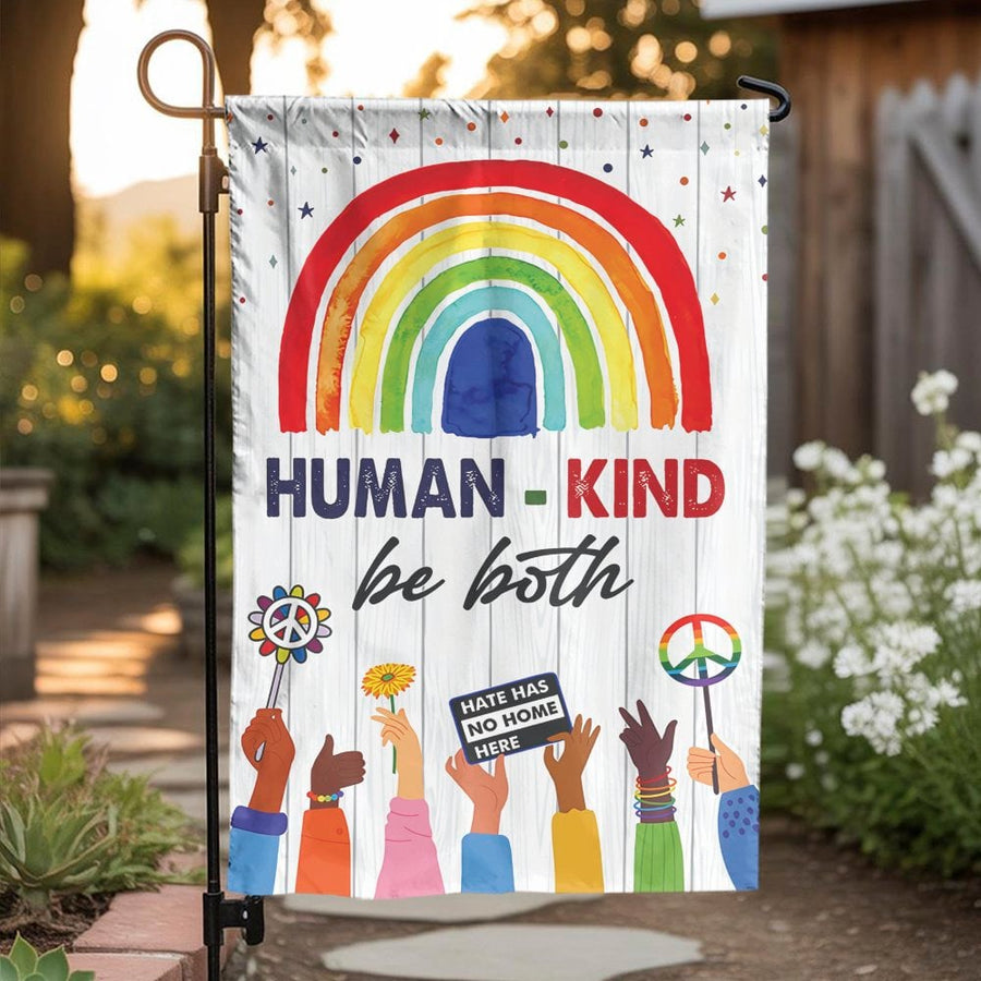Human Kind Garden Flag | Vibrant Rainbow "Be Both" Quote | Weather-Resistant Polyester | Welcoming Outdoor Pride & Unity Decor Gift