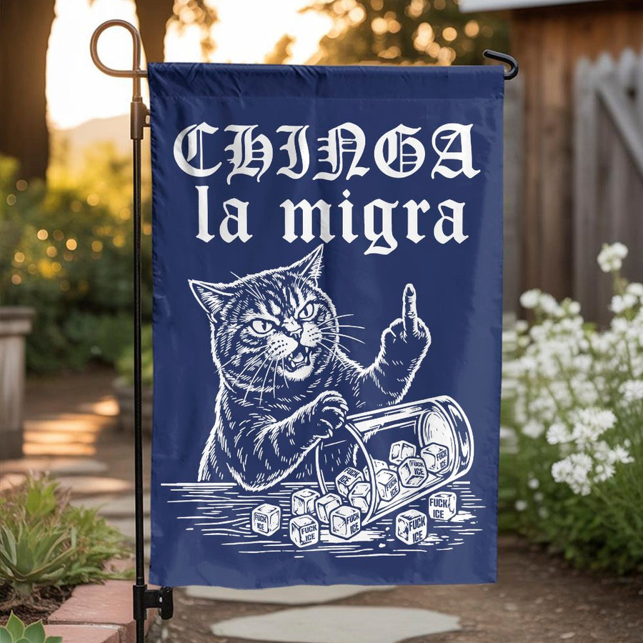 Chinga La Migra Garden Flag | Funny Cat Flipping Off ICE Design | Durable Double Sided Polyester | Political Statement Yard Decor Gift for Activist
