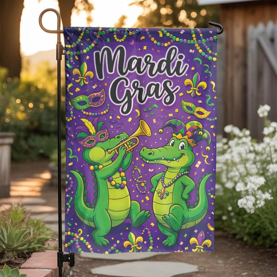 Mardi Gras Garden Flag | Cartoon Alligator Parade Banner | Weather Resistant & Double Sided | Seasonal Outdoor Decor Gift
