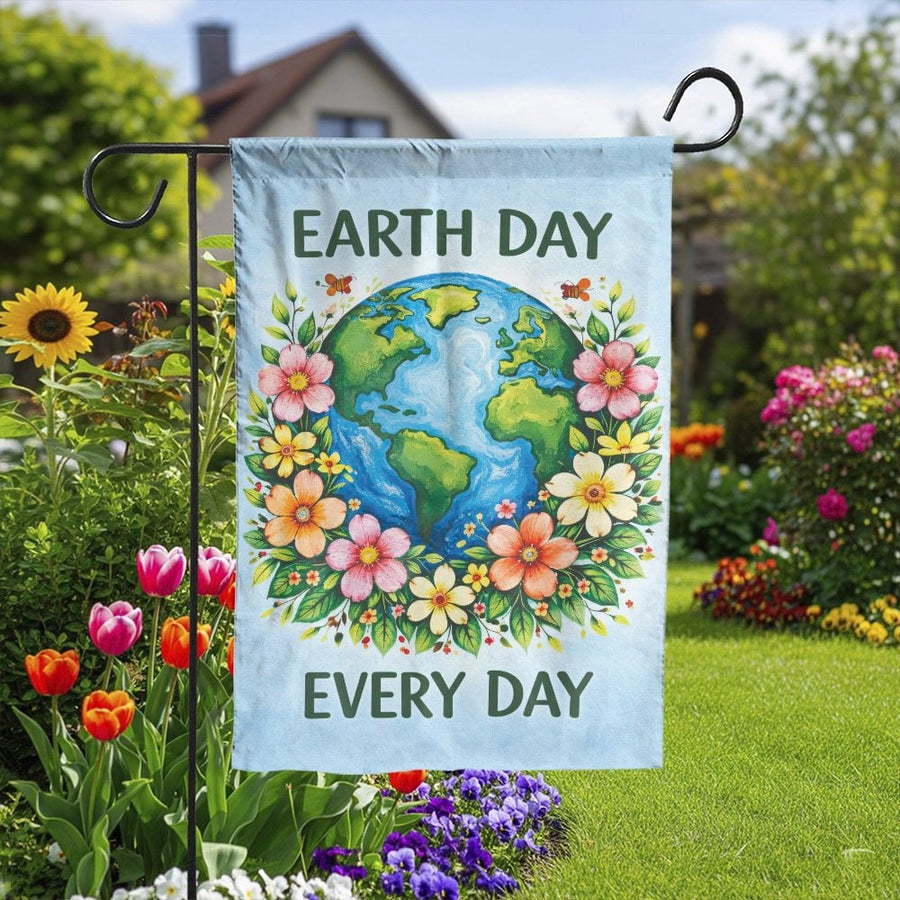Earth Day Every Day Garden Flag | Floral Planet Illustration | Premium Double Sided Weatherproof Banner | Eco Friendly Yard Art & Gardener Gift