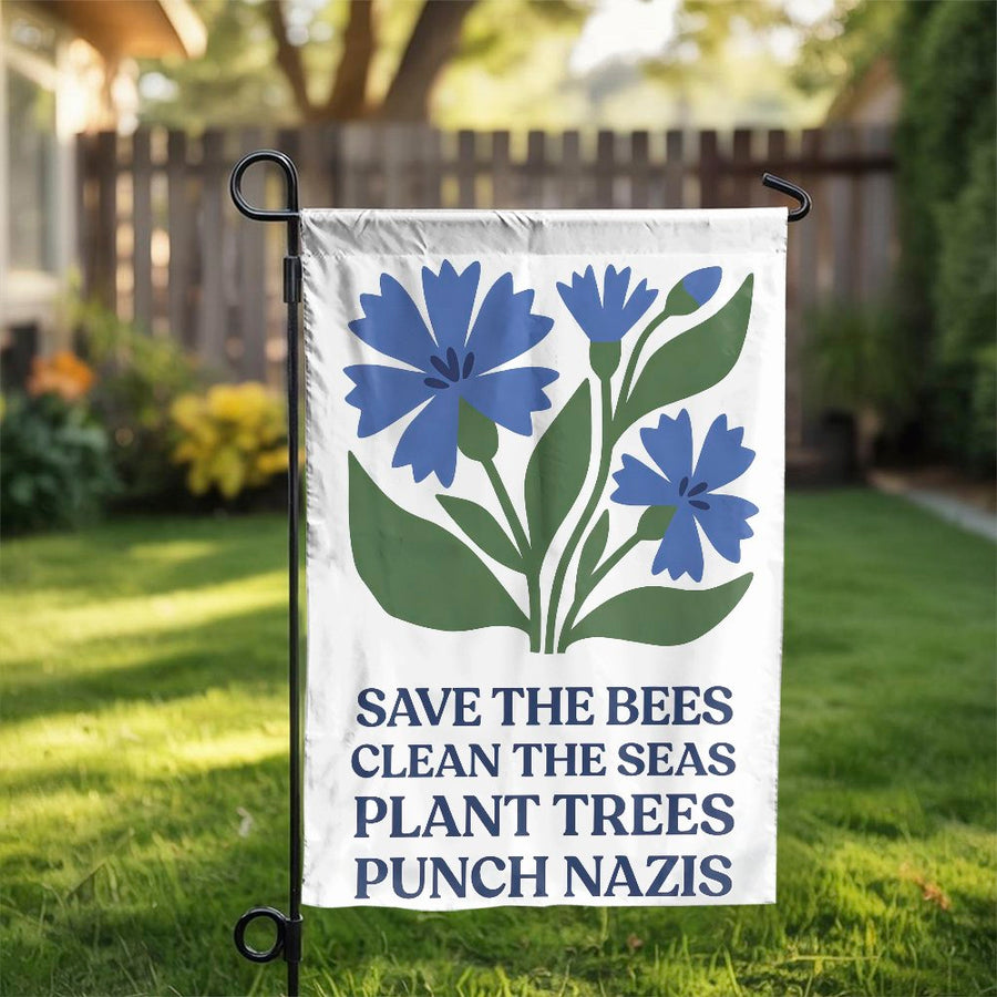 Save The Bees Garden Flag | Environmental Slogan & Floral Art | Double Sided Premium Polyester | Progressive Activist Gardener Gift