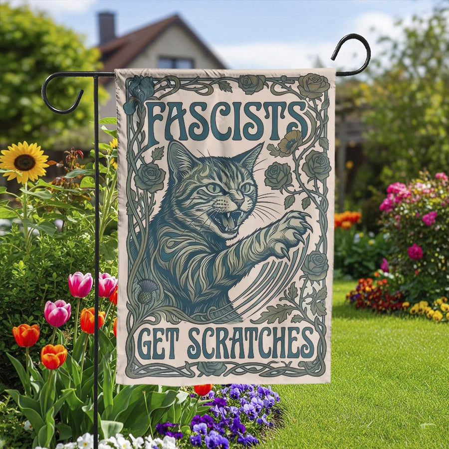 Anti-Fascist Cat Garden Flag | Fascists Get Scratches Art Nouveau Design | Double Sided Weatherproof Polyester | Gift for Activist & Yard Protest Sign