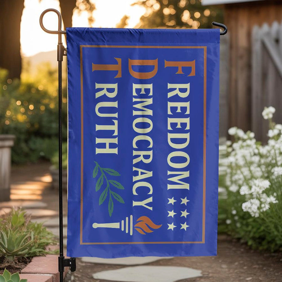 Freedom Democracy Truth Garden Flag | Retro Patriotic Vertical Design | Weather Resistant Double Sided Polyester | Outdoor Lawn & Yard Decor Gift