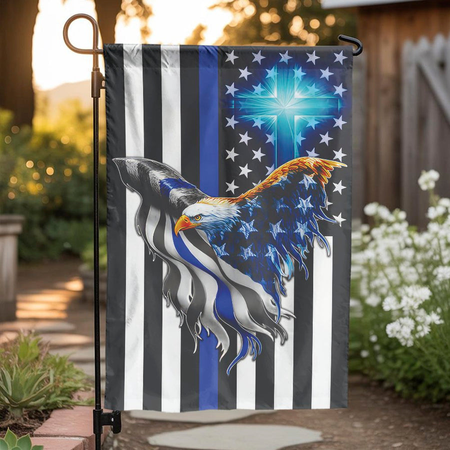 Thin Blue Line Garden Flag | Patriotic Eagle and Cross Design | Weather Resistant Double Sided | Law Enforcement Support Gift
