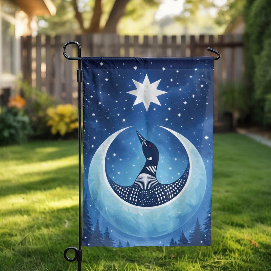 Celestial Loon Garden Flag | Crescent Moon & Starry Night Art | Double Sided Weatherproof Yard Decor | Premium Outdoor Gift for Nature Lover