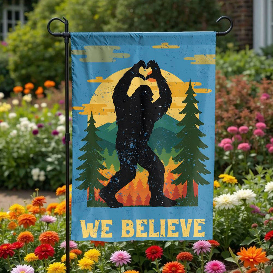 Bigfoot Garden Flag | Retro We Believe Heart Hands Design | Double-Sided Weather Resistant Fabric | Funny Outdoor Yard Decor Gift