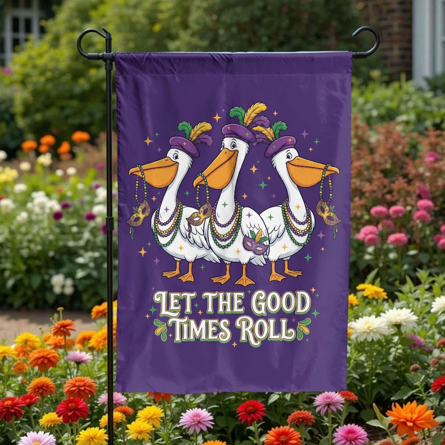 Mardi Gras Pelican Garden Flag | Let The Good Times Roll Art | Double Sided Weather Resistant Fabric | New Orleans Yard Decor Gift