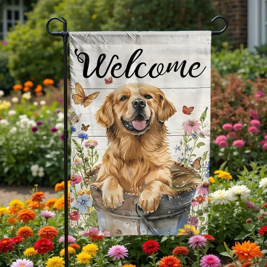 Golden Retriever Welcome Garden Flag | Rustic Floral Art with Butterflies | Double Sided Weather Resistant Fabric | Outdoor Yard Decor Gift for Dog Lovers
