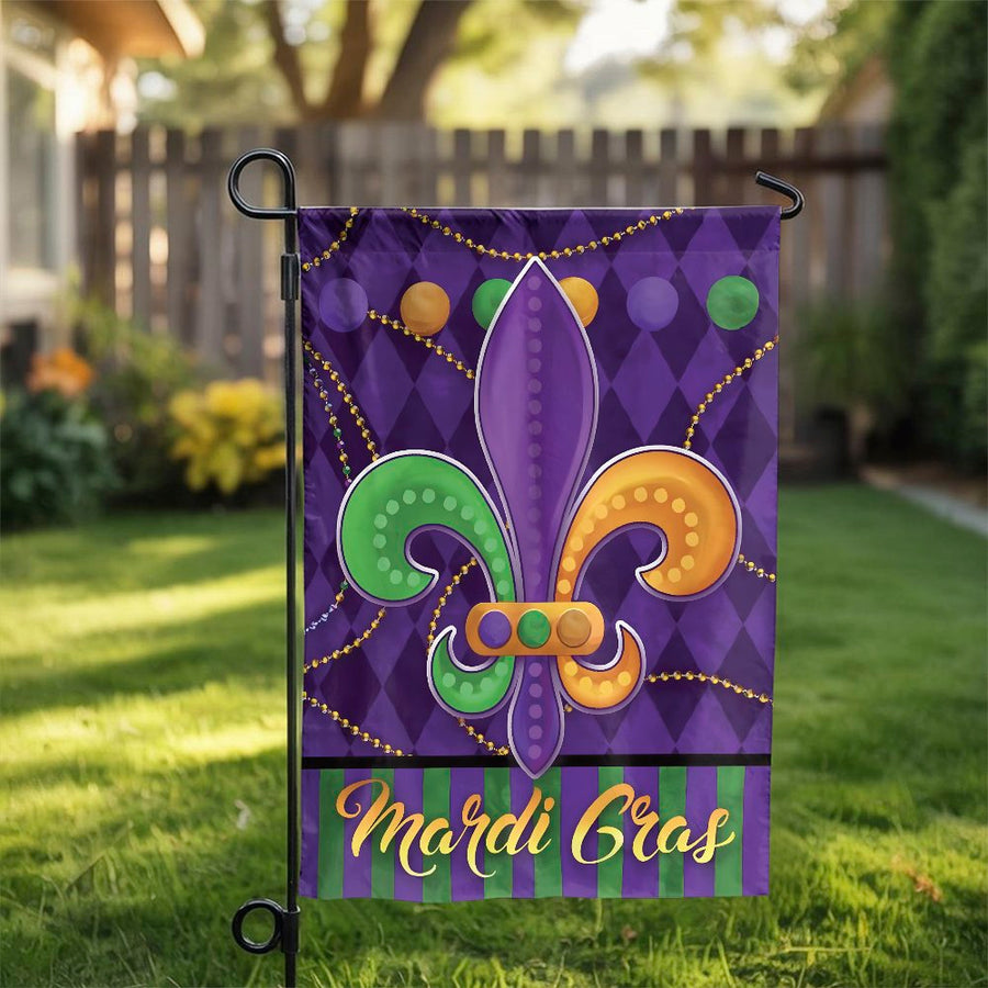 Mardi Gras Garden Flag | Fleur De Lis Double-Sided Print | Weather-Resistant Polyester Banner | Seasonal New Orleans Yard Decor Gift