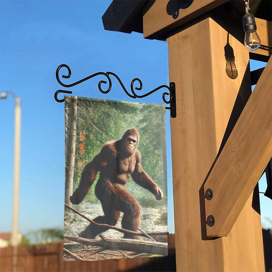 Bigfoot Garden Flag | Sasquatch Walking in Woods Scene | Weather-Resistant Double Sided Fabric | Funny Outdoor Yard Decor Gift for Believers