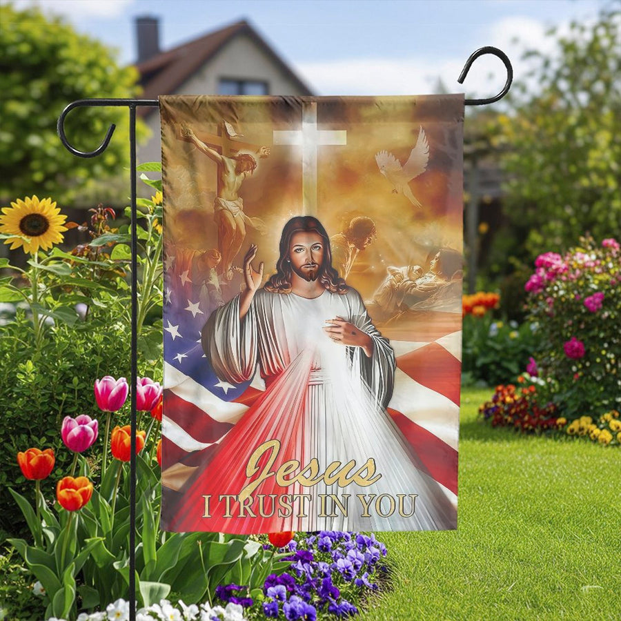 Christian Garden Flag | Jesus I Trust In You with American Flag | Weather Resistant Double Sided Polyester | Inspirational Faith Gift for Yard Decor