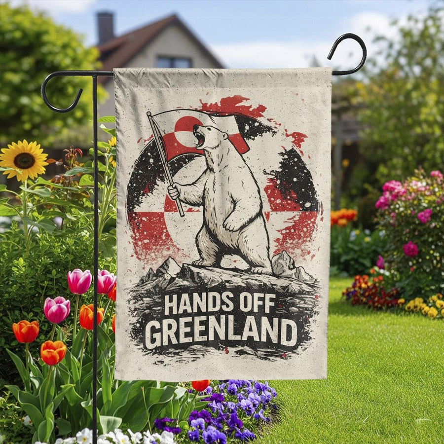 Hands Off Greenland Garden Flag | Retro Polar Bear Political Art | Double Sided Polyester | Outdoor Greenlandic Pride Banner & Unique Gift
