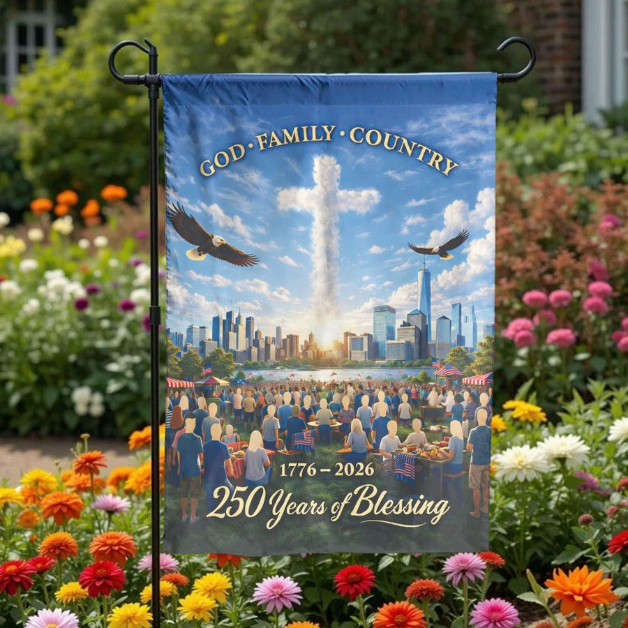 God Family Country Garden Flag | USA 250th Anniversary 1776-2026 Design | Double Sided Polyester | Patriotic Christian Yard Decor Gift