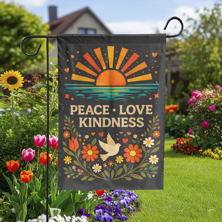 Peace Love Kindness Garden Flag | Retro 70s Floral & Dove Design | Double-Sided Weather-Resistant Fabric | Inspirational Yard Decor Gift