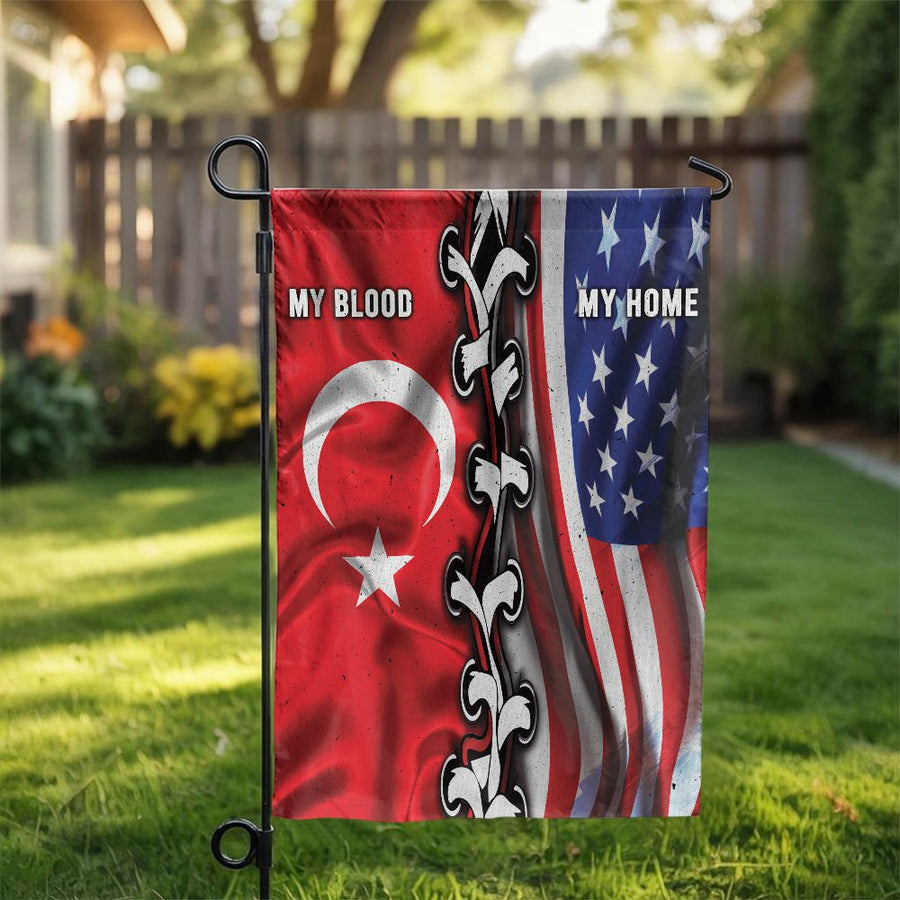 Turkish American Garden Flag | My Home My Blood Heritage Design | Double Sided Weather Resistant Polyester | Patriotic Yard Decor Gift for Turkish Americans