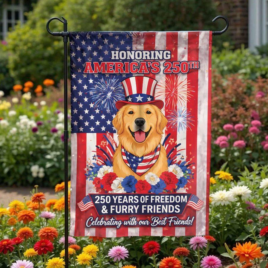America's 250th Garden Flag | Patriotic Golden Retriever & US Flag Design | Double-Sided Weatherproof Yard Art | Commemorative Gift for Dog Owners