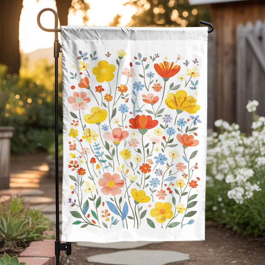 Watercolor Wildflower Garden Flag | Colorful Spring Floral Print | Double Sided Weather-Resistant Fabric | Outdoor Decor for Yard & Porch Gift