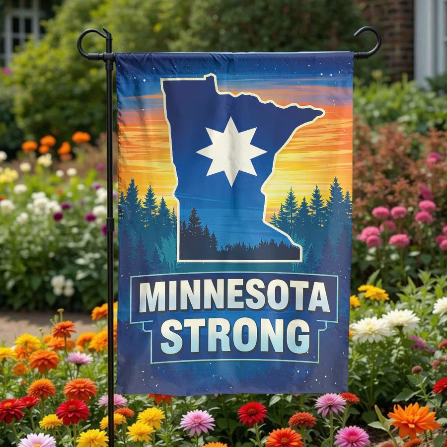 Minnesota Strong Garden Flag | State Outline with Sunset Forest Design | Weather Resistant Polyester | Patriotic Outdoor Yard Decor Gift