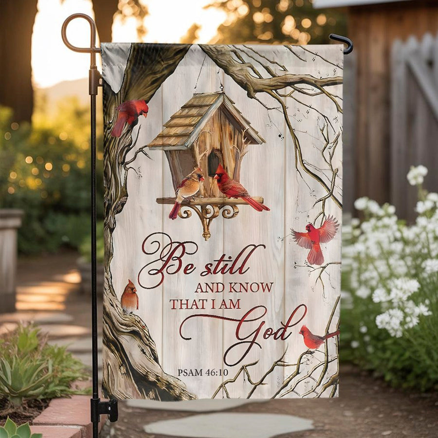 Psalm 46:10 Christian Garden Flag | Red Cardinal Birds & Birdhouse | Weather-Resistant Double Sided Polyester | Inspirational Yard Decor Gift