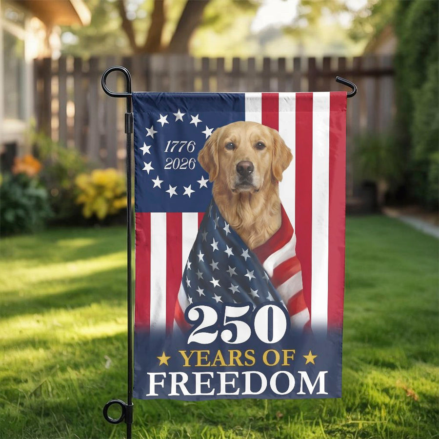 Patriotic Golden Retriever Garden Flag | USA 250th Anniversary 1776-2026 Design | Double Sided Premium Polyester | Commemorative Yard Decor Gift for Dog Lovers