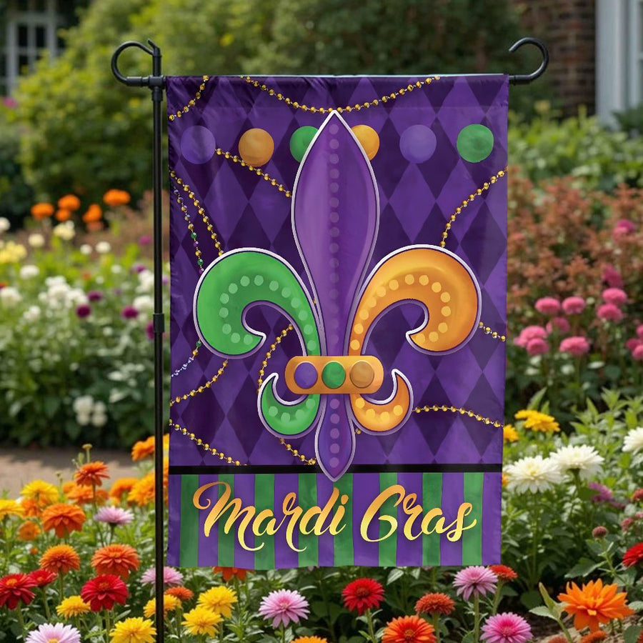 Mardi Gras Garden Flag | Fleur De Lis Double-Sided Print | Weather-Resistant Polyester Banner | Seasonal New Orleans Yard Decor Gift