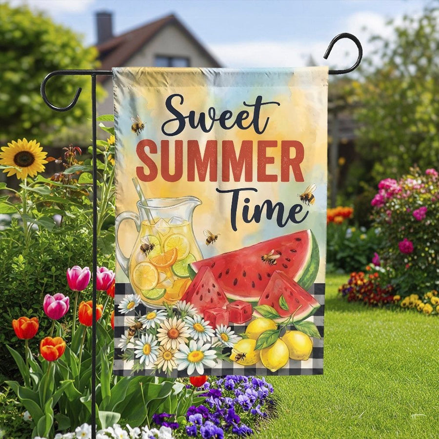 Sweet Summer Time Garden Flag | Lemonade and Watermelon Print with Bees | Double Sided Weather Resistant Fabric | Seasonal Patio & Front Porch Decor