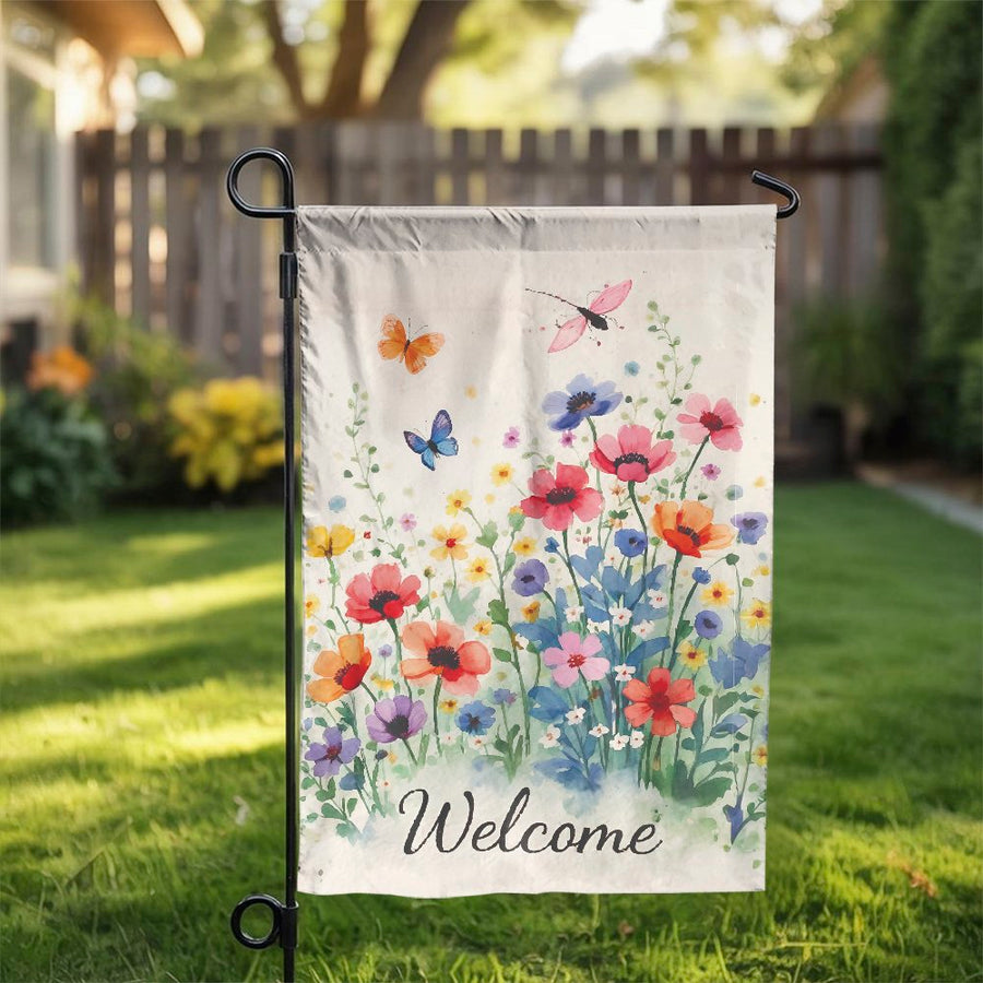 Watercolor Wildflower Garden Flag | Welcome Sign with Butterflies | Double Sided Premium Fabric | Seasonal Yard Decor Gift
