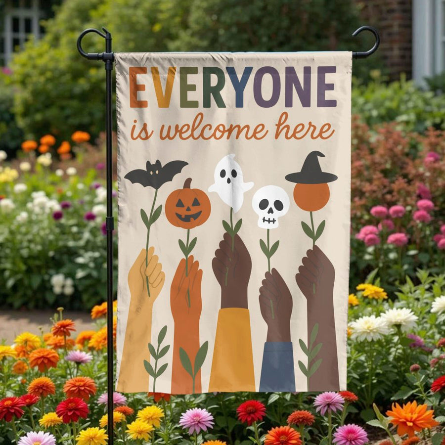 Inclusive Halloween Garden Flag | Everyone is Welcome Here Design | Double Sided Weather Resistant | Seasonal Outdoor Decor Gift for Home