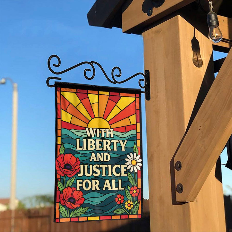 Liberty and Justice Garden Flag | Stained Glass Floral Design | Double-Sided Weatherproof Fabric | Patriotic Outdoor Home Decor Gift