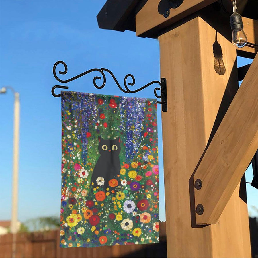 Black Cat Garden Flag | Artistic Floral Meadow Print | Double Sided Weather Resistant Polyester | Unique Gift for Cat Lover