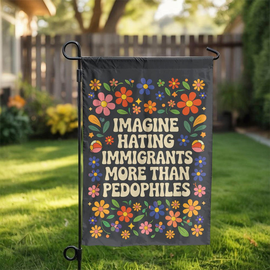 Pro Immigrant Garden Flag | Retro 70s Floral Political Statement | Double Sided Weather Resistant Fabric | Progressive Yard Decor & Activist Gift