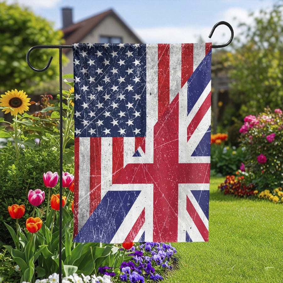 Half American Half British Garden Flag | Distressed USA UK Union Jack Design | Double Sided Polyester Yard Banner | Patriotic Home Decor Gift