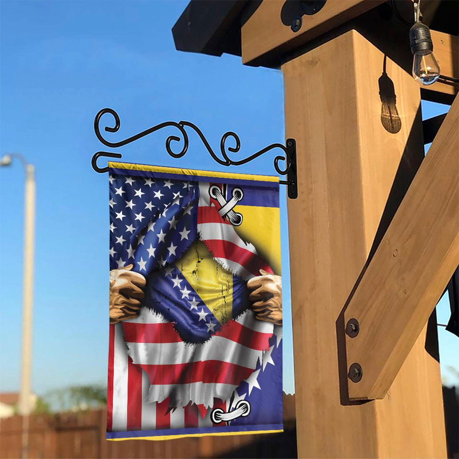 Bosnian American Garden Flag | Ripped USA and Bosnia Flag Design | Double Sided Weather Resistant Fabric | Patriotic Heritage Gift