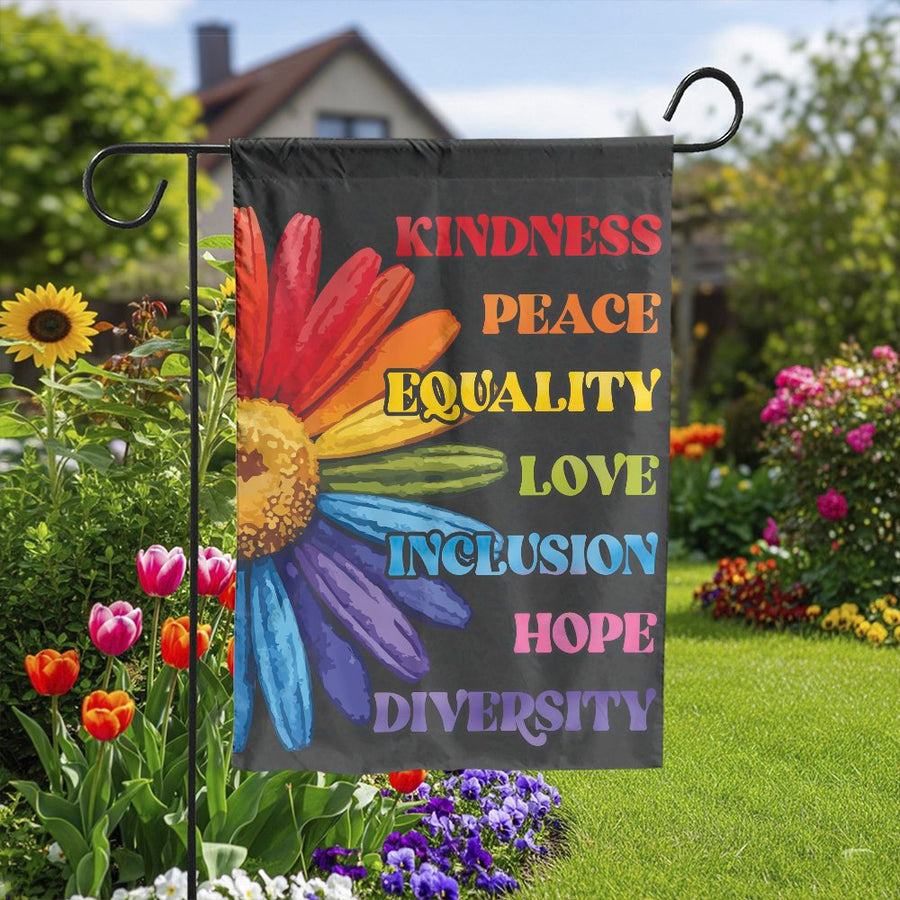 Kindness Peace Equality Garden Flag | Rainbow Daisy Pride Decor | Premium Weather-Resistant Polyester | LGBTQ Ally Yard Art Gift