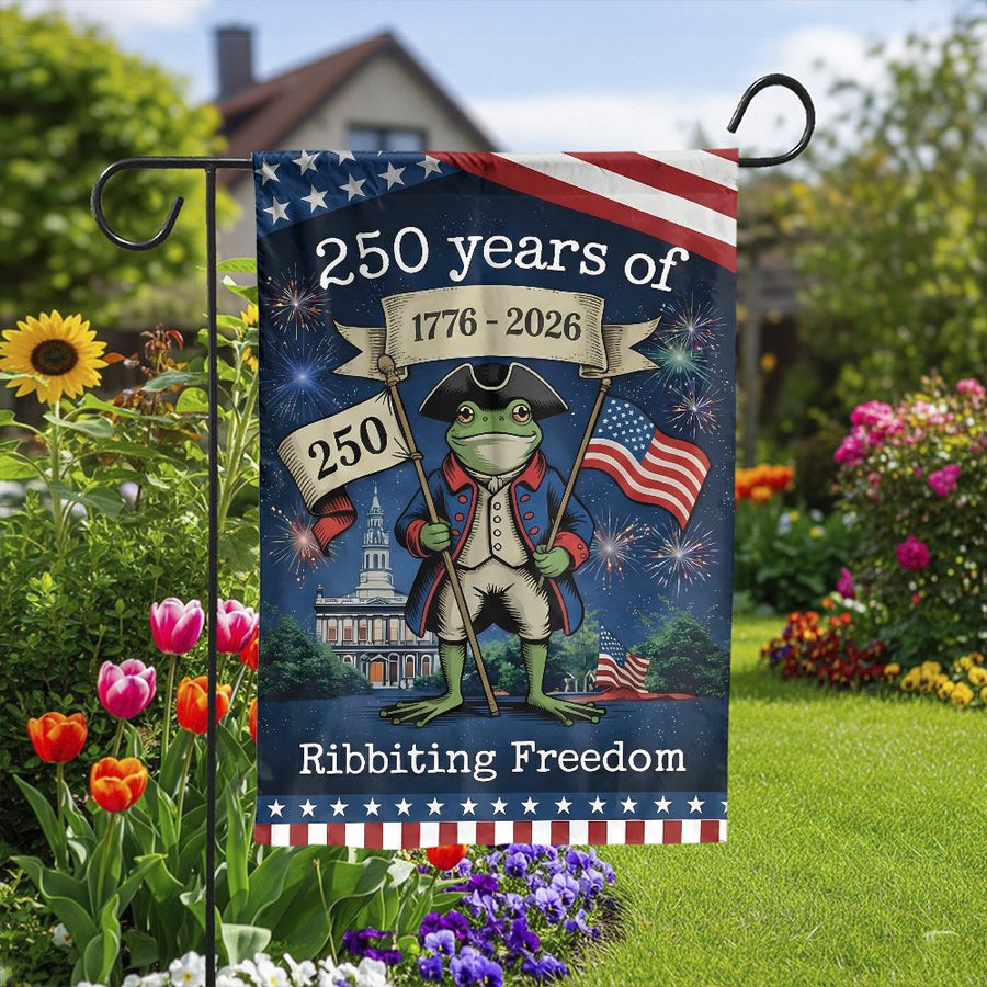250th Anniversary Garden Flag | Ribbiting Freedom Revolutionary Frog | Double Sided Polyester | USA Semiquincentennial 2026 Yard Decor Gift