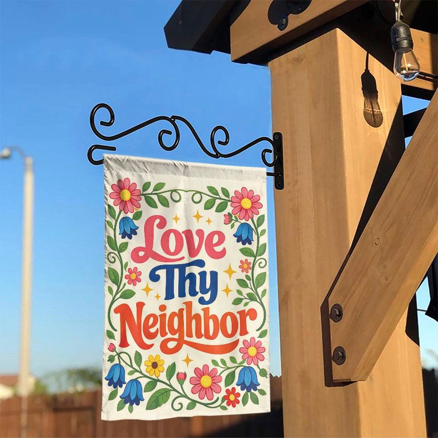 Love Thy Neighbor Garden Flag | Retro Floral Abolish ICE Sign | Weather Resistant Double Sided Fabric | Progressive Home Decor & Activist Gift