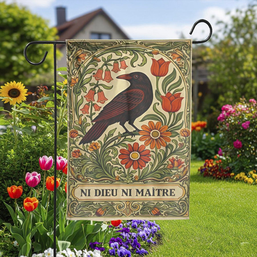 Art Nouveau Crow Garden Flag | Ni Dieu Ni Maître Floral Illustration | Double Sided Weather-Resistant Banner | Gothic Cottagecore Yard Decor