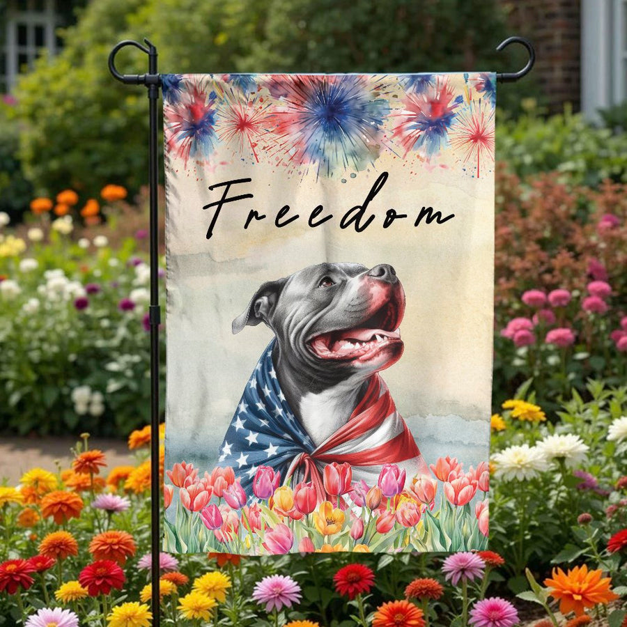 Patriotic Pitbull Garden Flag | Watercolor American Flag Dog Art | Double Sided Polyester | Memorial Day & 4th of July Decor Gift for Dog Lovers