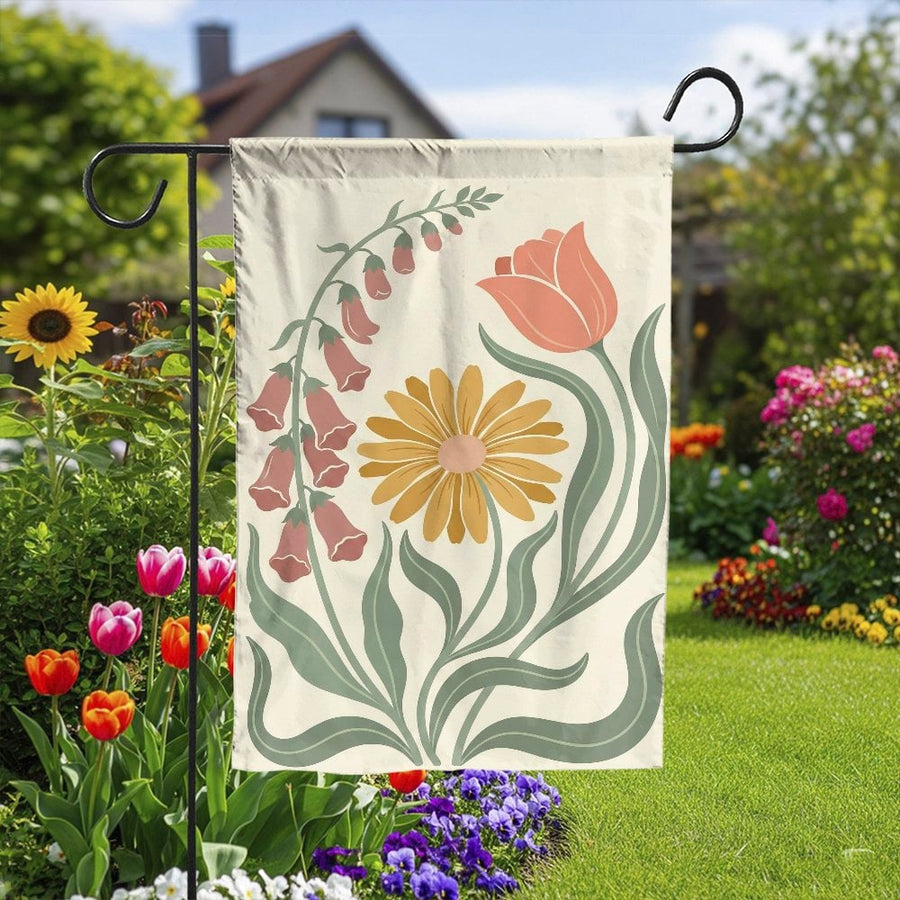 Floral Garden Flag | Vintage Botanical Tulip & Daisy Print | Premium Weather Resistant Fabric | Seasonal Outdoor Decor Gift